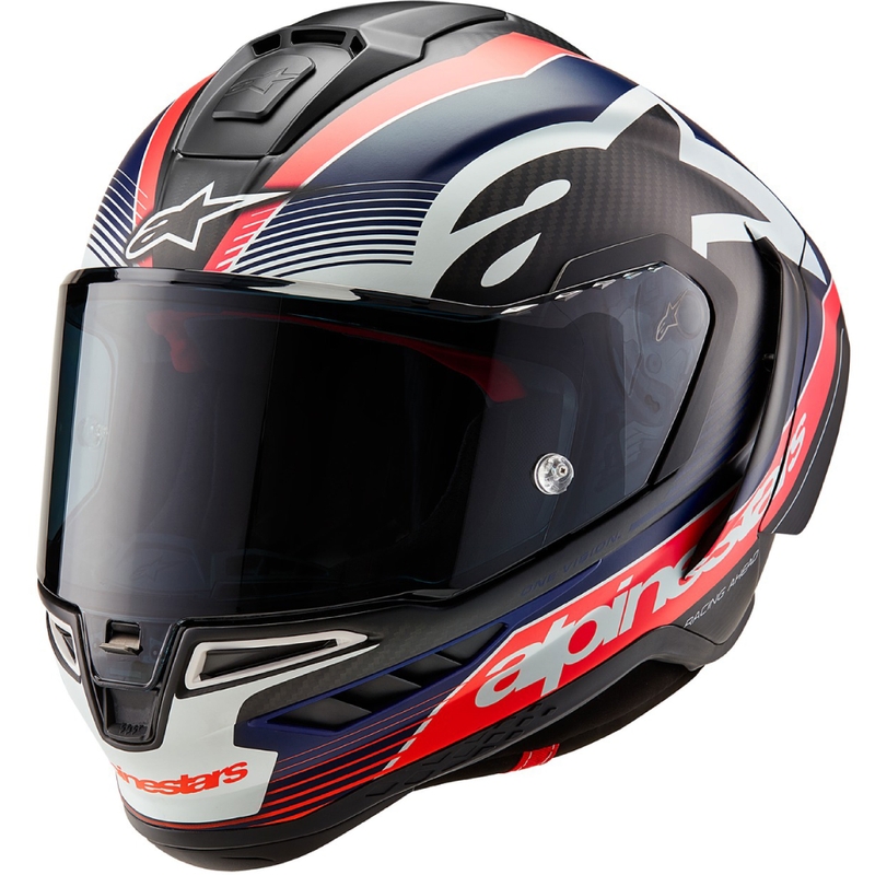 Celoobrazna motoristična čelada Alpinestars Supertech R-10 Team karbonska fluo rdeče-modro-bela mat