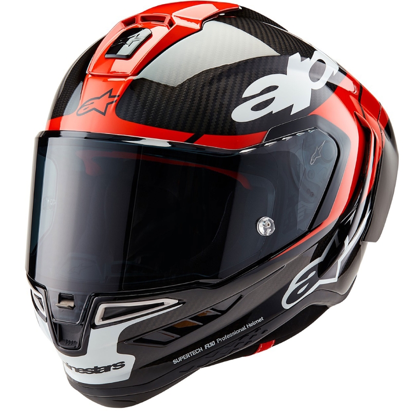 Alpinestars Supertech R-10 Element karbonska fluo motoristična čelada z integriranim obrazom rdeče-bela