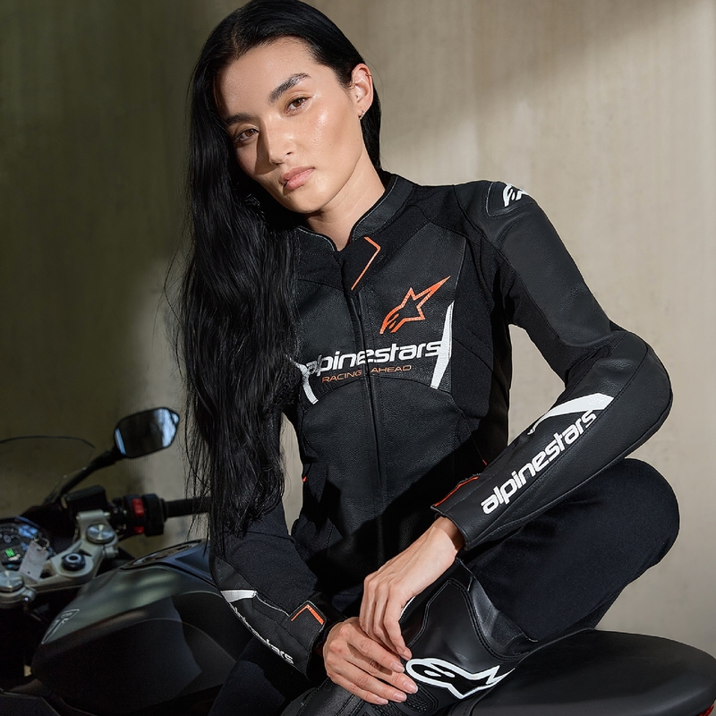 Ženska usnjena motoristična jakna Alpinestars Stella Faster 3 črno-bela-fluo rdeča