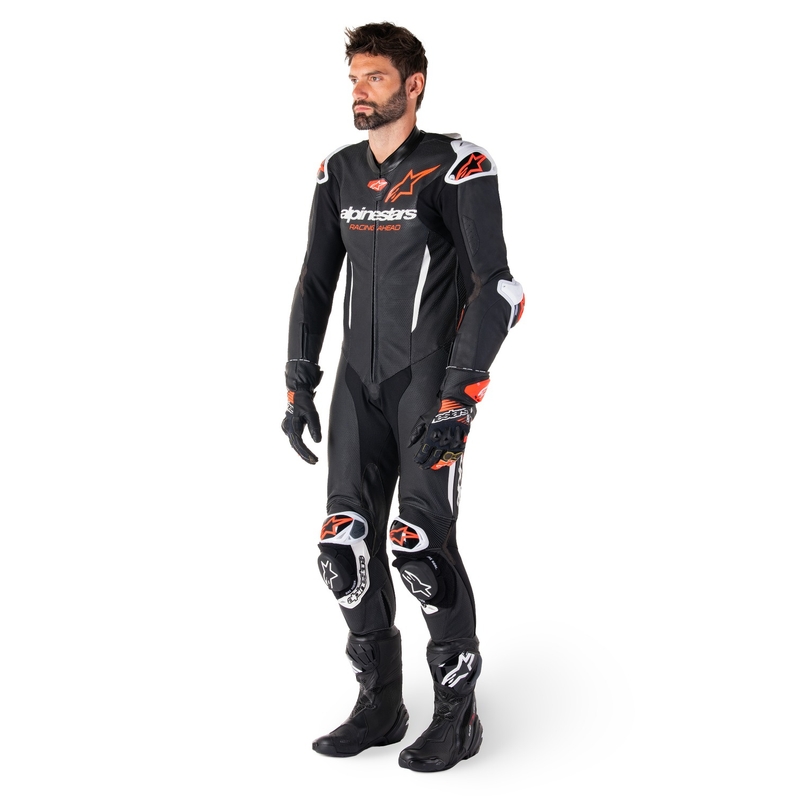 Alpinestars GP-R7 Tech-Air pripravljena/kompatibilna enodelna usnjena motoristična obleka črno-bela-fluo rdeča