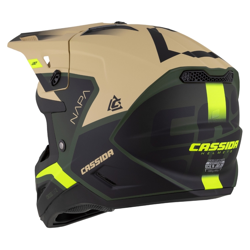 Motokros motoristična čelada Cassida Cross Cup 2 Napa mat peščeno-zelena-fluo rumeno-črna