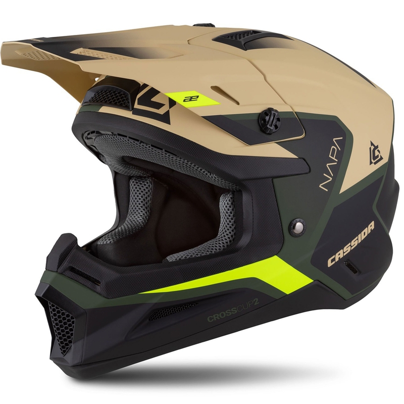 Otroška motoristična čelada za motokros Cassida Cross Cup 2 Napa Matte Sand-Green-Fluo Yellow-Black