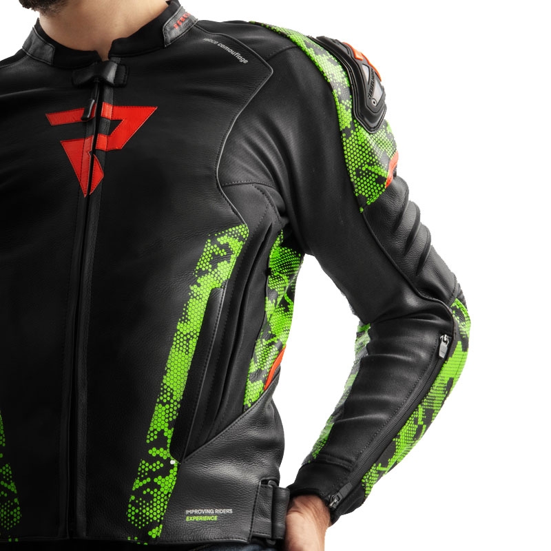 Motoristična usnjena jakna Rebelhorn Veloce črna-kamo zelena-fluo rdeča