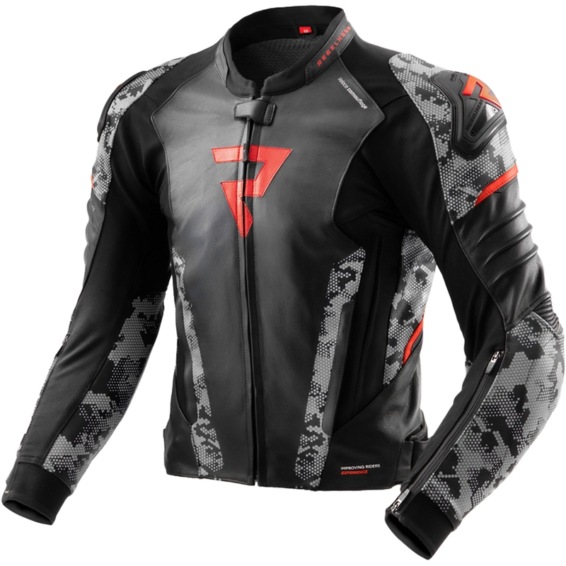 Usnjena motoristična jakna Rebelhorn Veloce črno-sivo-fluo rdeča