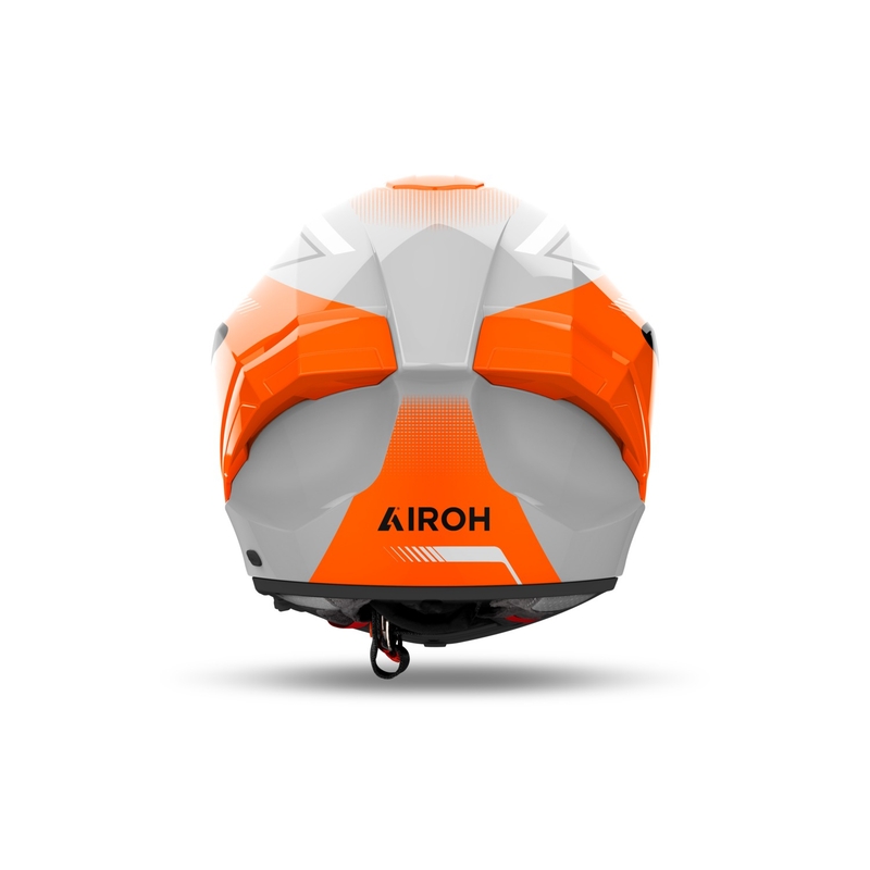 Široka motoristična čelada Airoh MATRYX, ki pokriva celoten obraz, sijoče oranžna