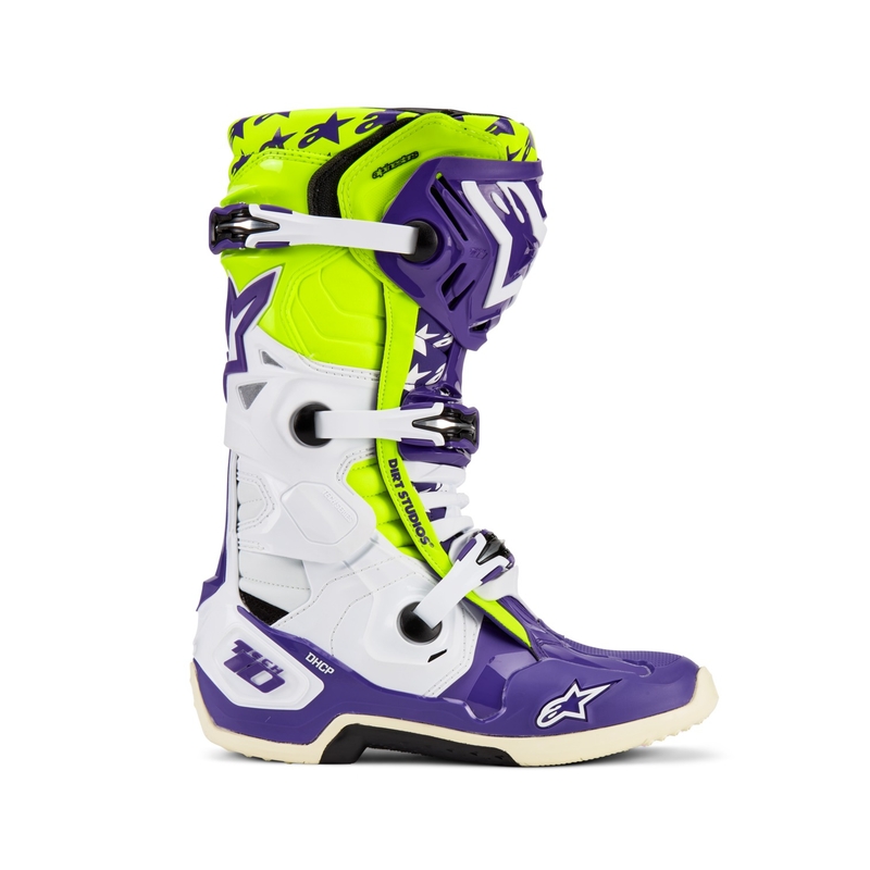 Alpinestars TECH 10 motoristični škornji omejena serija Dirt Studios vijolično-belo-fluo rumena
