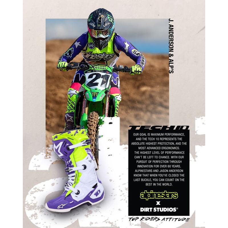 Alpinestars TECH 10 motoristični škornji omejena serija Dirt Studios vijolično-belo-fluo rumena