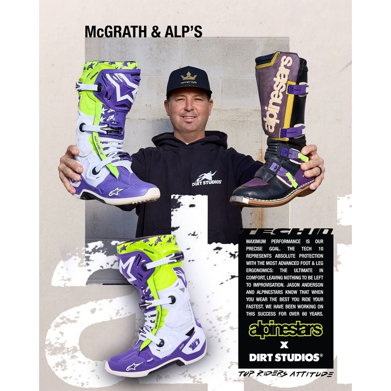 Alpinestars TECH 10 motoristični škornji omejena serija Dirt Studios vijolično-belo-fluo rumena