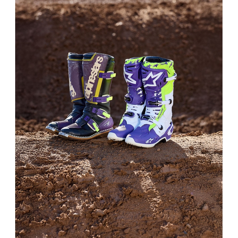 Alpinestars TECH 10 motoristični škornji omejena serija Dirt Studios vijolično-belo-fluo rumena