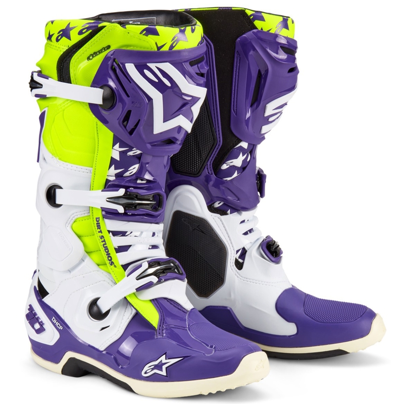 Alpinestars TECH 10 motoristični škornji omejena serija Dirt Studios vijolično-belo-fluo rumena