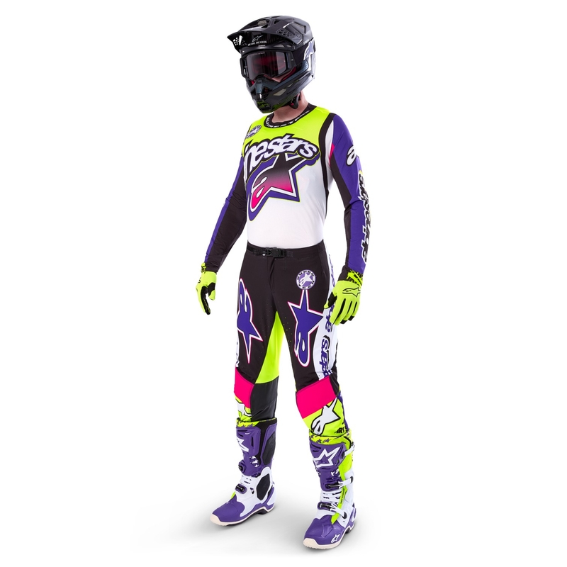 Alpinestars Supertech motokros hlače limitirana serija Dirt Studios belo-vijolično-roza-fluo rumena