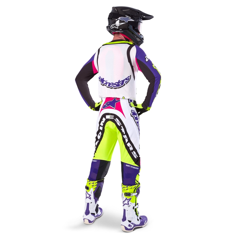 Alpinestars Supertech motokros hlače limitirana serija Dirt Studios belo-vijolično-roza-fluo rumena