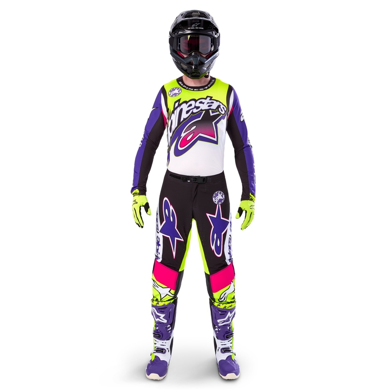 Alpinestars Supertech motokros hlače limitirana serija Dirt Studios belo-vijolično-roza-fluo rumena