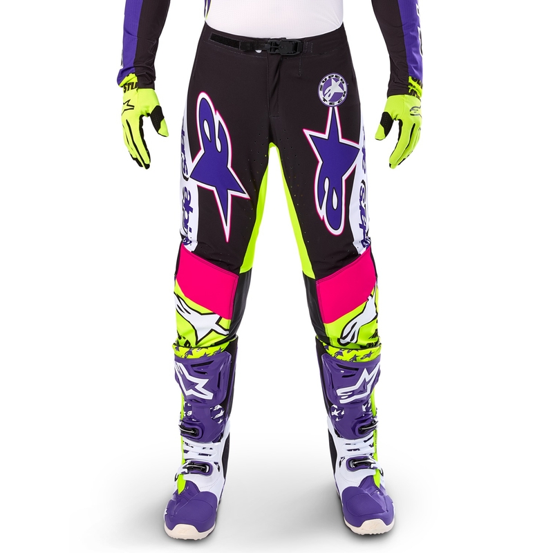 Alpinestars Supertech motokros hlače limitirana serija Dirt Studios belo-vijolično-roza-fluo rumena