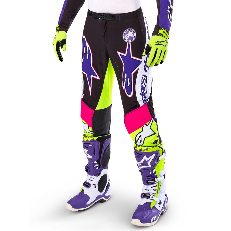 Alpinestars Supertech motokros hlače limitirana serija Dirt Studios belo-vijolično-roza-fluo rumena