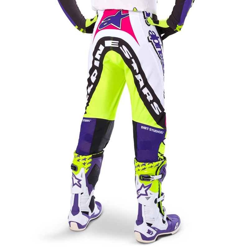 Alpinestars Supertech motokros hlače limitirana serija Dirt Studios belo-vijolično-roza-fluo rumena