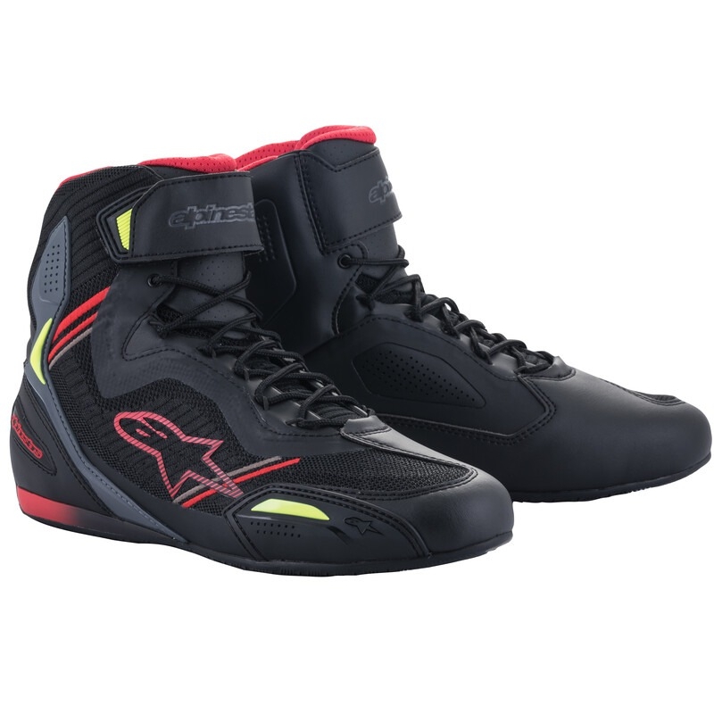 Motoristični škornji Alpinestars Faster-3 Rideknit črno-rdeči-fluo rumeno-sivi