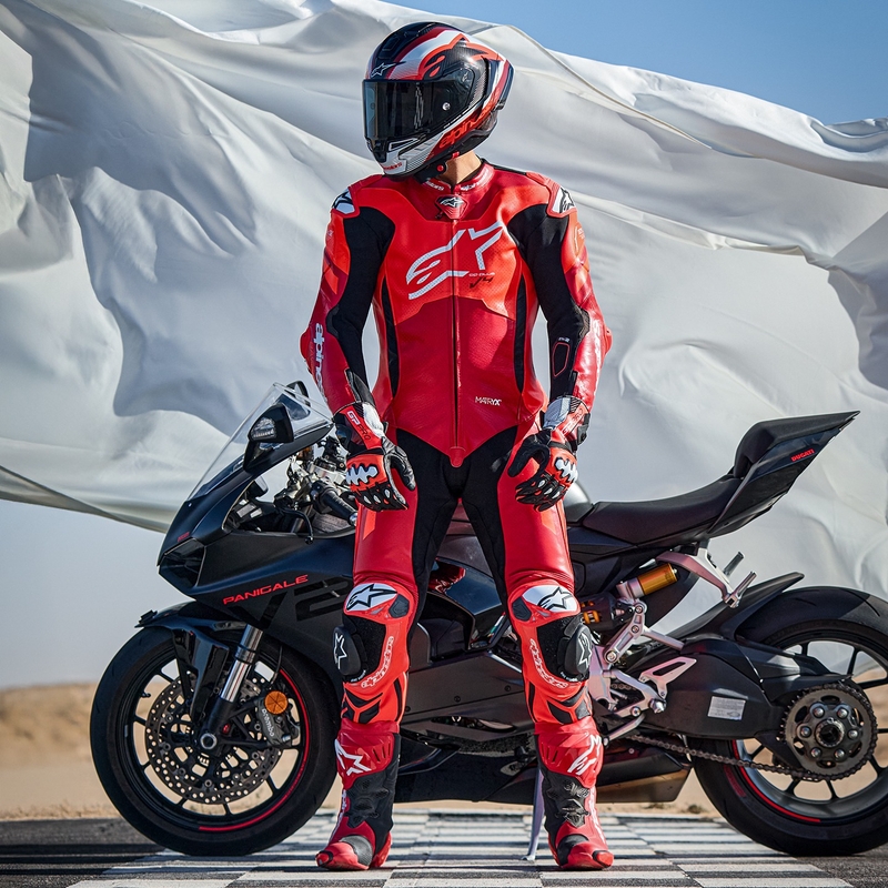 Enodelna usnjena motoristična obleka Alpinestars GP Plus V4 Sprint, združljiva s Tech-air, Fluo Red-Red-White-Black