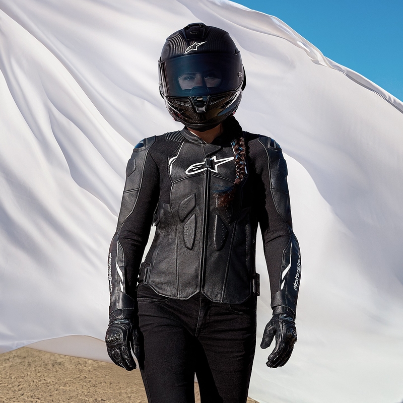 Usnjena ženska motoristična jakna Alpinestars Stella Dusk črno-bela