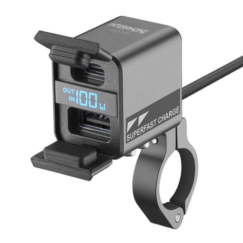 Interphone USB-C, USB-A polnilnik s polnjenjem motoristične baterije črne barve