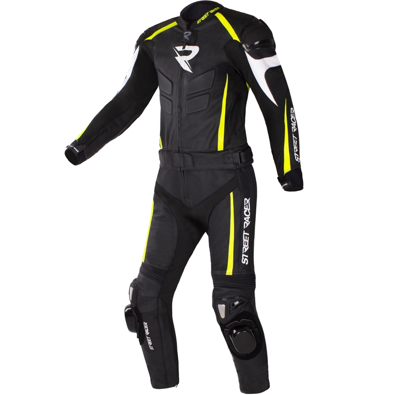 Usnjen motoristični kombinezon Street Racer Fast Track 2.1 črno-fluorescentno rumeno-bel
