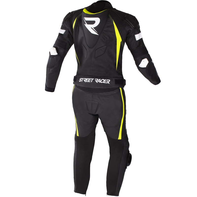 Usnjen motoristični kombinezon Street Racer Fast Track 2.1 črno-fluorescentno rumeno-bel
