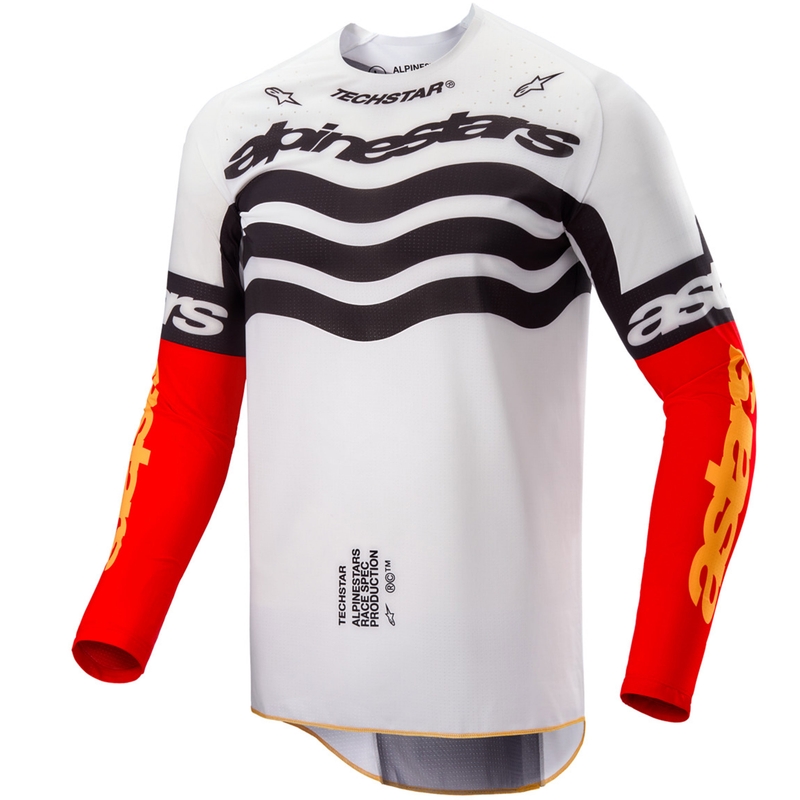 Motokros dres Alpinestars Techstar omejena izdaja temno črno-belo-fluo rdeče-oranžna