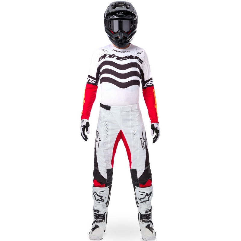 Motokros dres Alpinestars Techstar omejena izdaja temno črno-belo-fluo rdeče-oranžna