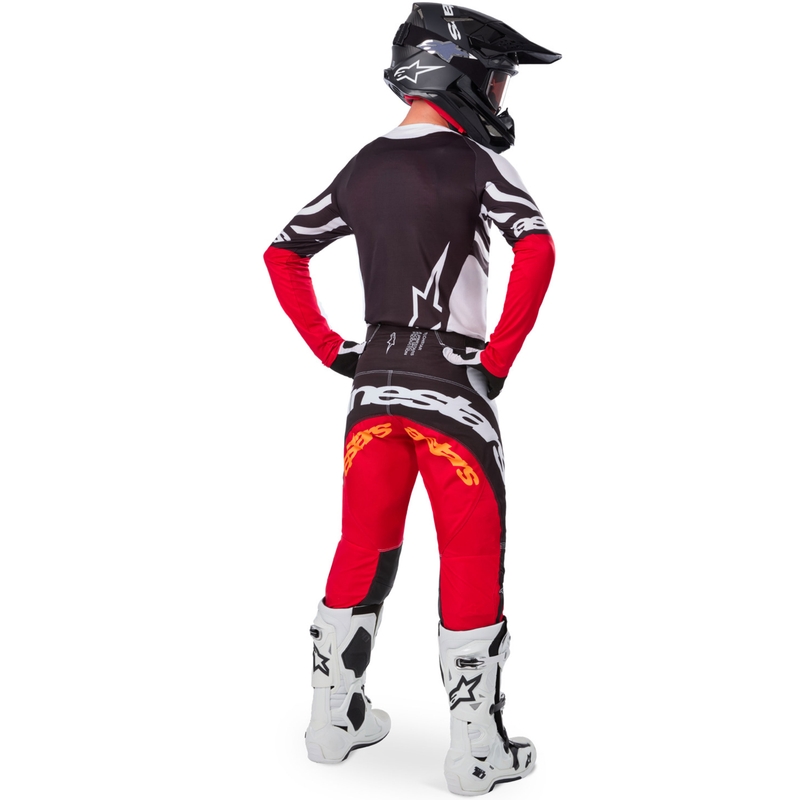 Motokros dres Alpinestars Techstar omejena izdaja temno črno-belo-fluo rdeče-oranžna