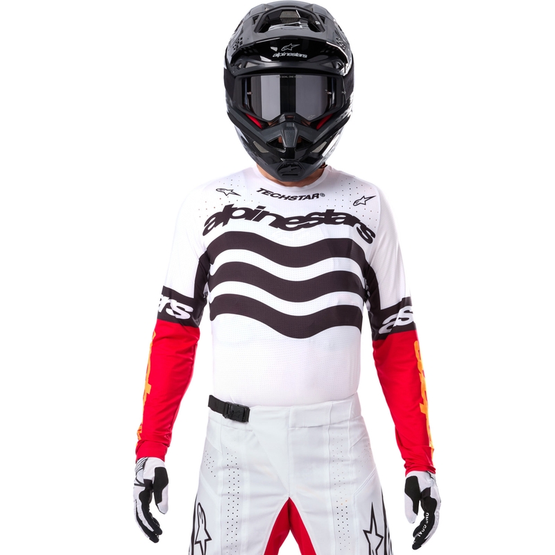Motokros dres Alpinestars Techstar omejena izdaja temno črno-belo-fluo rdeče-oranžna