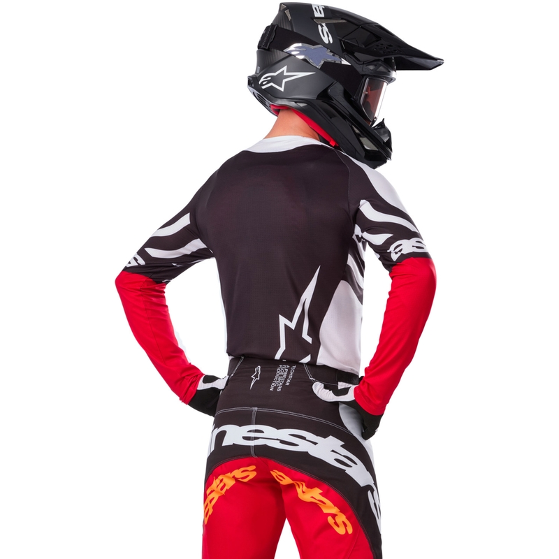 Motokros dres Alpinestars Techstar omejena izdaja temno črno-belo-fluo rdeče-oranžna