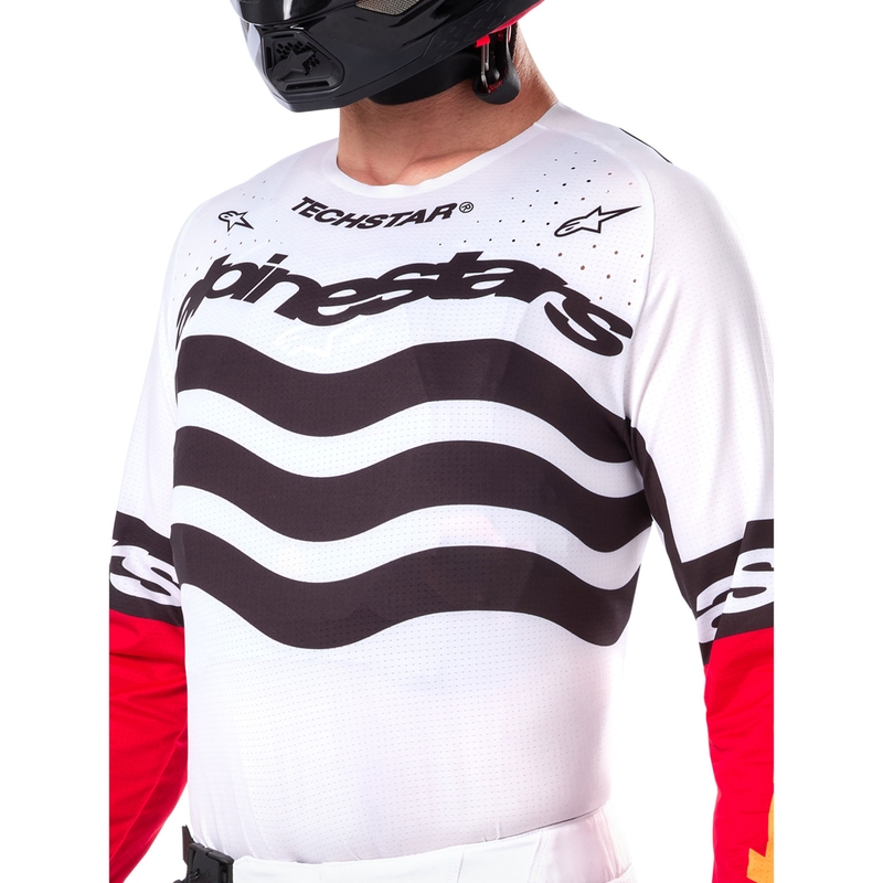 Motokros dres Alpinestars Techstar omejena izdaja temno črno-belo-fluo rdeče-oranžna