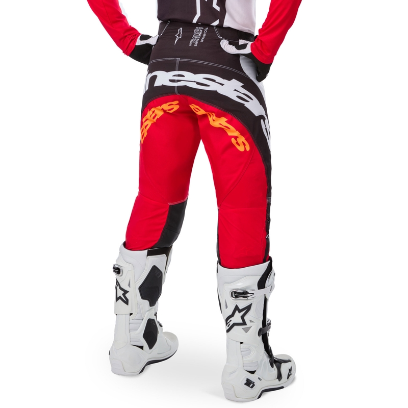 Motokros hlače Alpinestars Techstar omejena izdaja temno črno-belo-fluo rdeče-oranžne