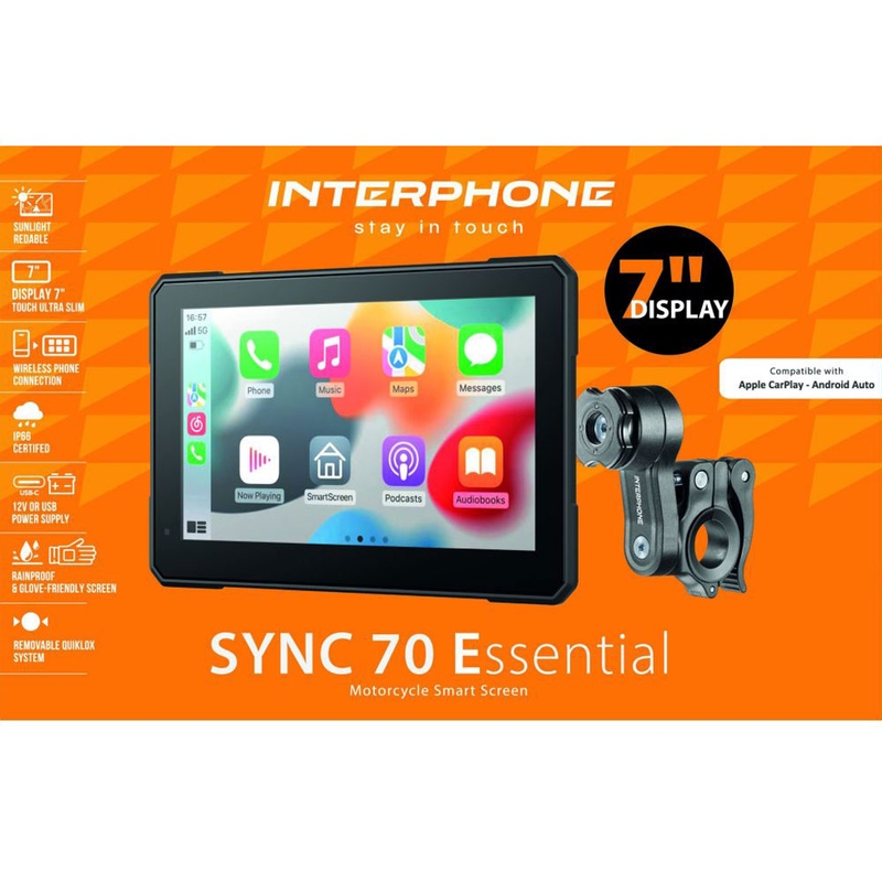 Interfon SYNC70 ESSENTIAL z zaslonom Apple CarPlay in Android Auto za motorna kolesa