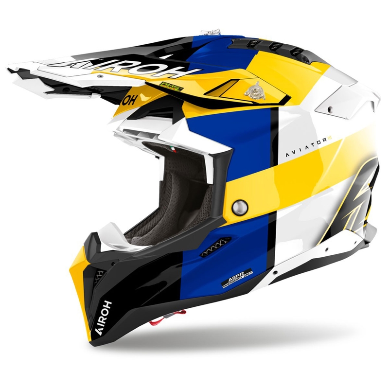Motokros čelada Airoh Aviator 3 Monarch modro-rumena sijajna
