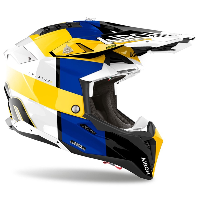 Motokros čelada Airoh Aviator 3 Monarch modro-rumena sijajna