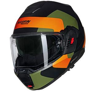 Preklopna motoristična čelada Nolan N120-1 Omocromo N-COM 345 črno-oranžno-zelena