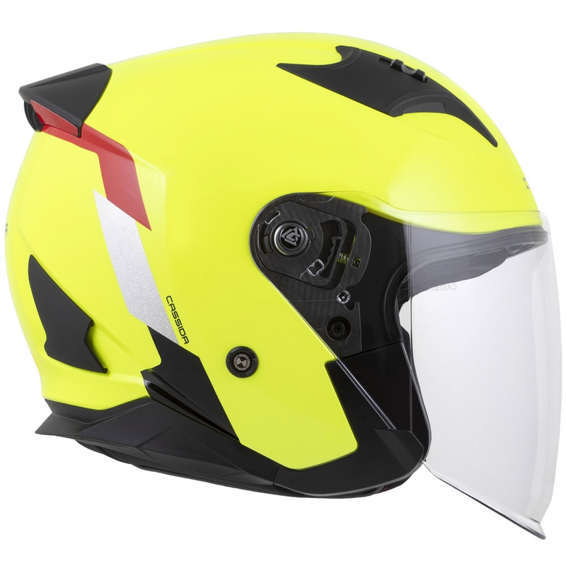 Cassida Reflex 2.0 varnostna motoristična čelada z odprtim obrazom, fluo rumeno-rdeče-sivo-odsevno srebrna