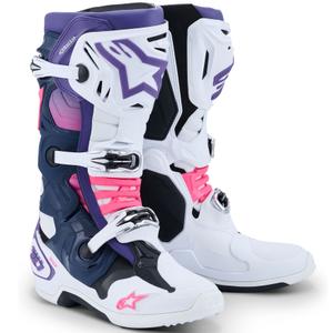 Moto škornji Alpinestars Tech 10 belo-vijolično-modro-fluo roza