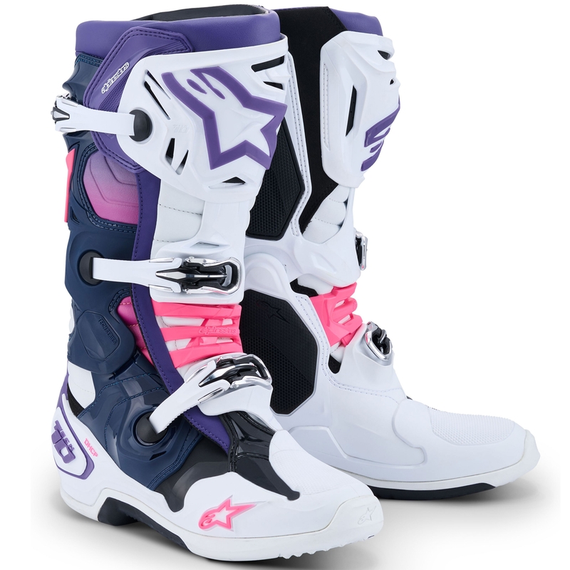 Moto škornji Alpinestars Tech 10 belo-vijolično-modro-fluo roza