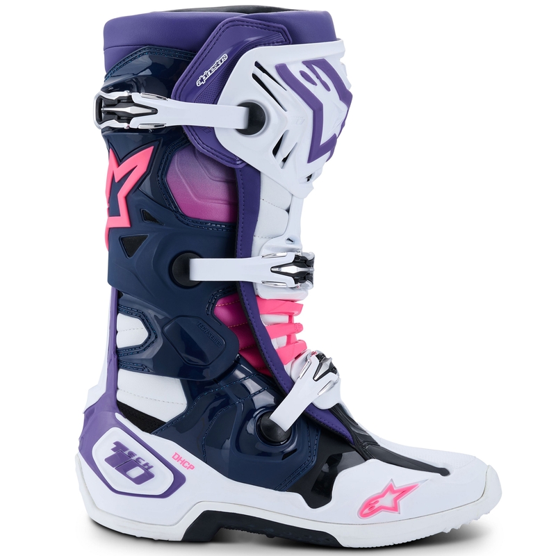 Moto škornji Alpinestars Tech 10 belo-vijolično-modro-fluo roza