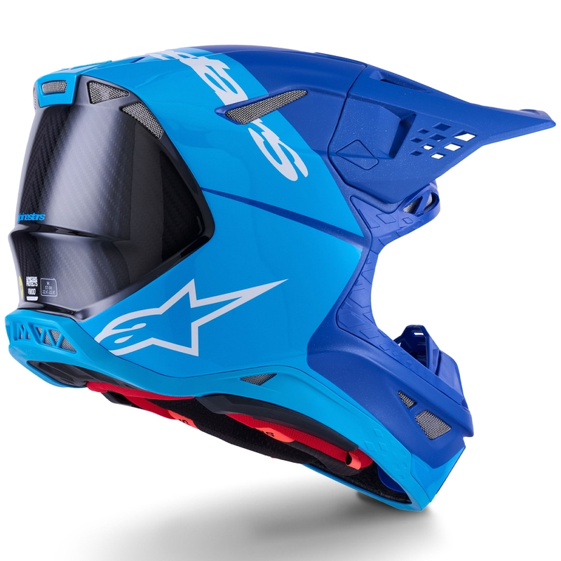 Motokros čelada Alpinestars Supertech S-M10 Flood, modra biserno-svetlo modra-črna-karbonska-mat-sijajna