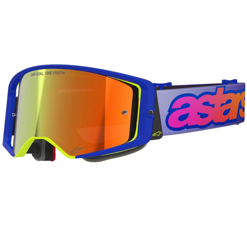 Motokros očala Alpinestars Supertech Vision Vista modro-rumeno-vijolična z zrcalno rdečo lečo