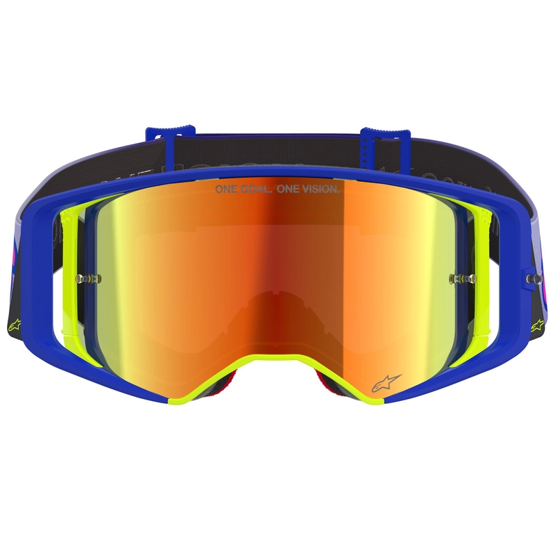 Motokros očala Alpinestars Supertech Vision Vista modro-rumeno-vijolična z zrcalno rdečo lečo