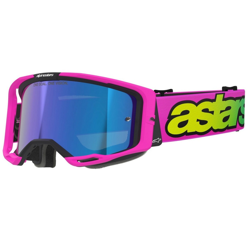 Motokros očala Alpinestars Vision 8 Vista fluo roza-fluo rumeno-zelena z zrcalno modrimi lečami