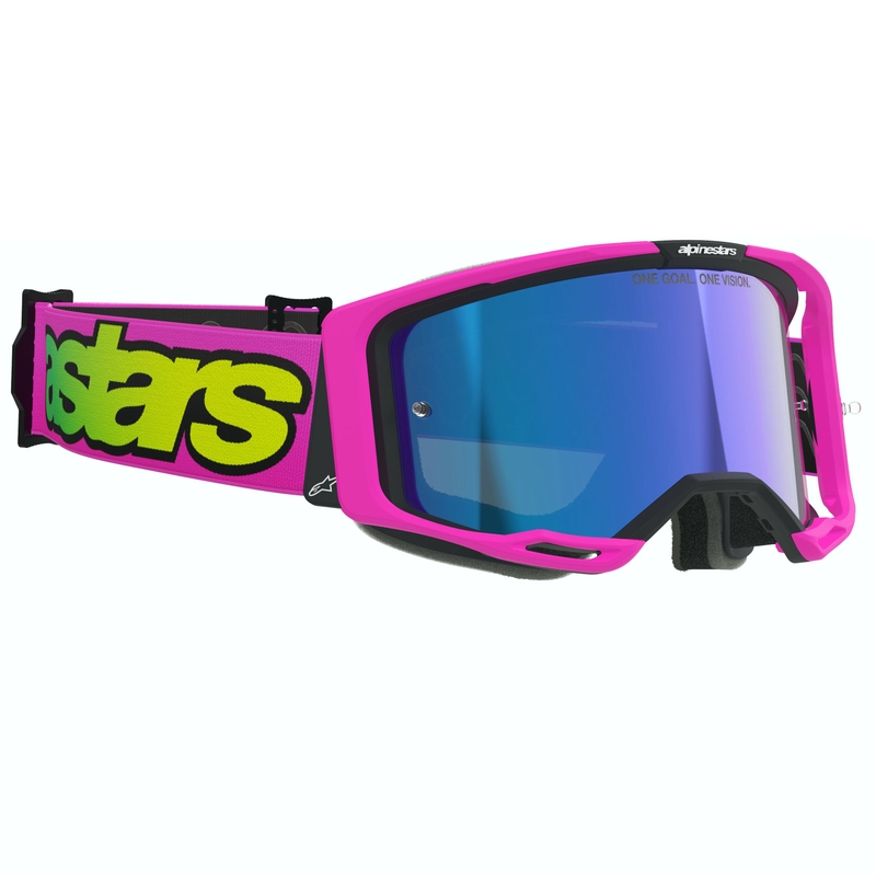 Motokros očala Alpinestars Vision 8 Vista fluo roza-fluo rumeno-zelena z zrcalno modrimi lečami