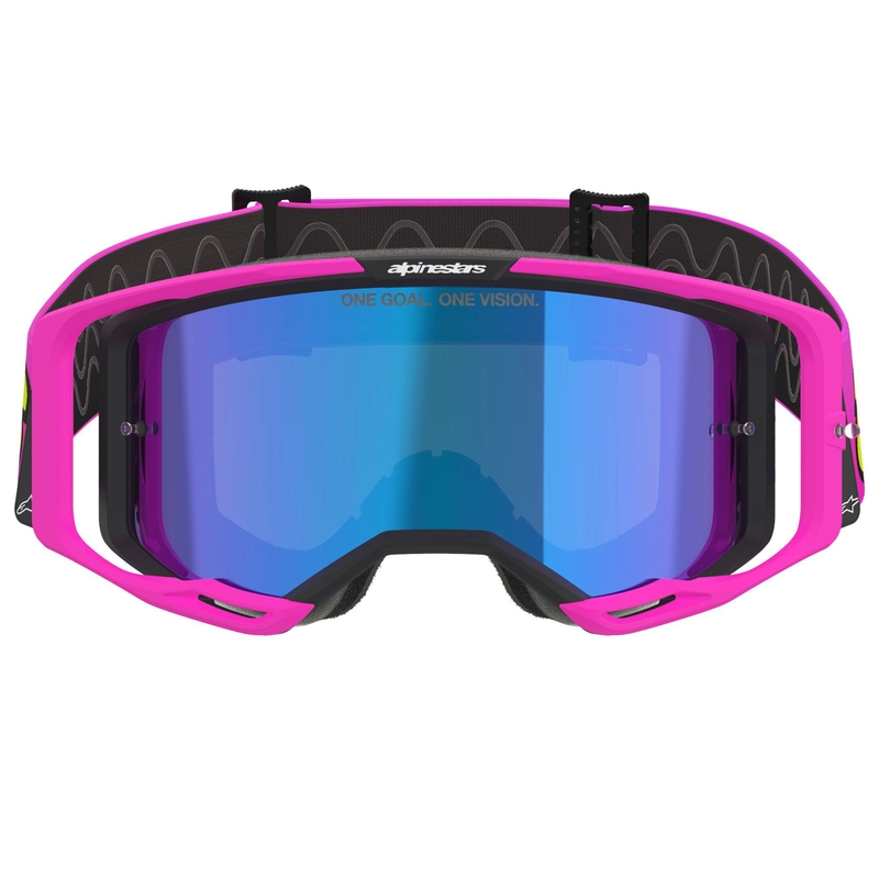 Motokros očala Alpinestars Vision 8 Vista fluo roza-fluo rumeno-zelena z zrcalno modrimi lečami
