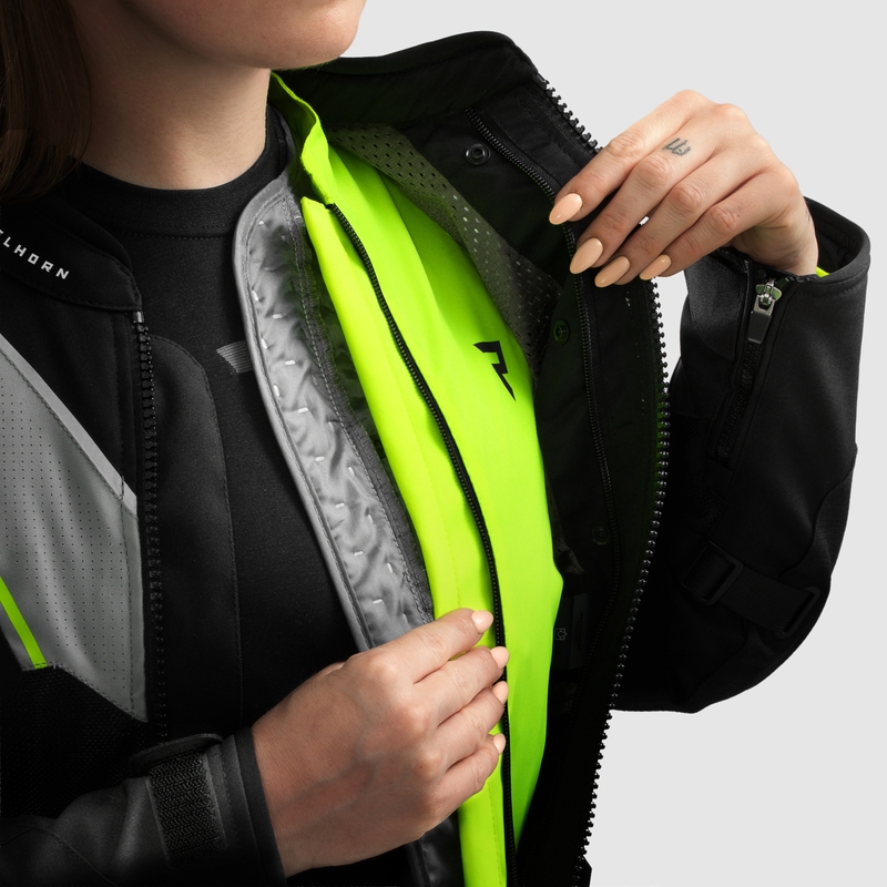Ženska motoristična jakna Rebelhorn Hiflow V črno-sivo-fluo rumena