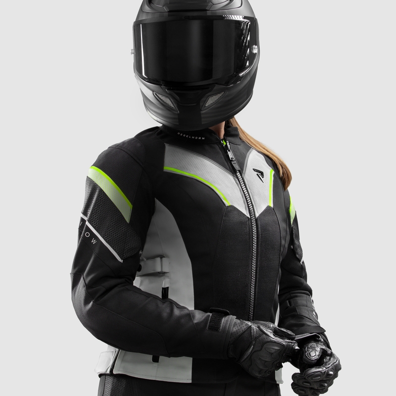 Ženska motoristična jakna Rebelhorn Hiflow V črno-sivo-fluo rumena