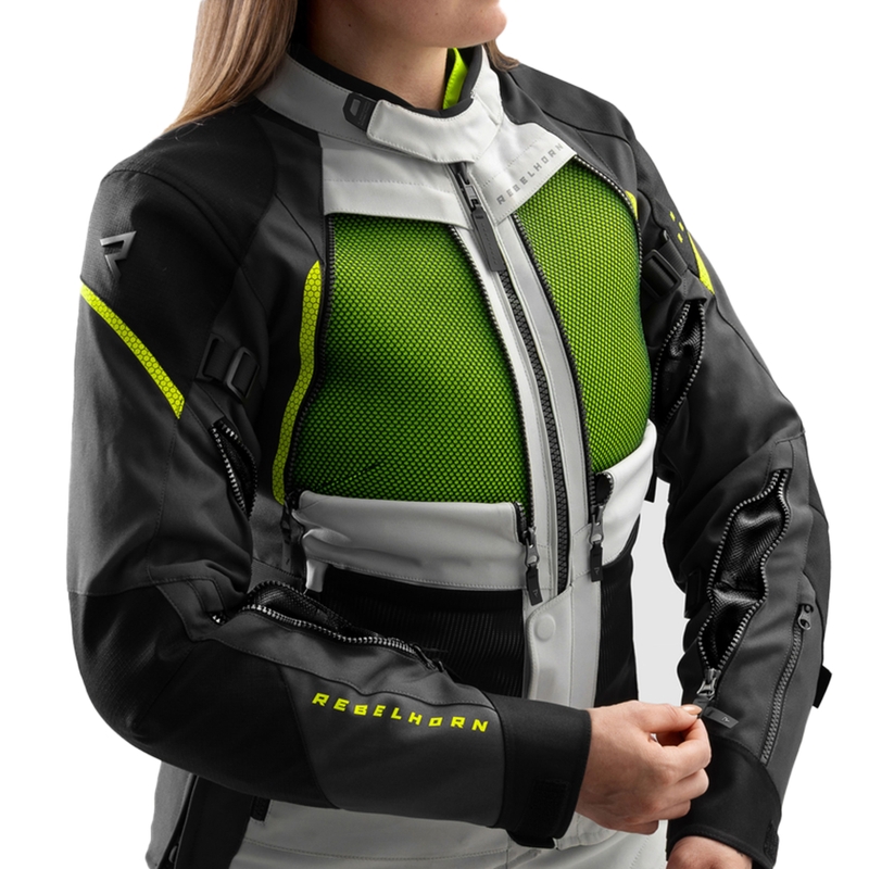 Ženska motoristična jakna Rebelhorn Hardy 3.0 črno-sivo-fluo rumena